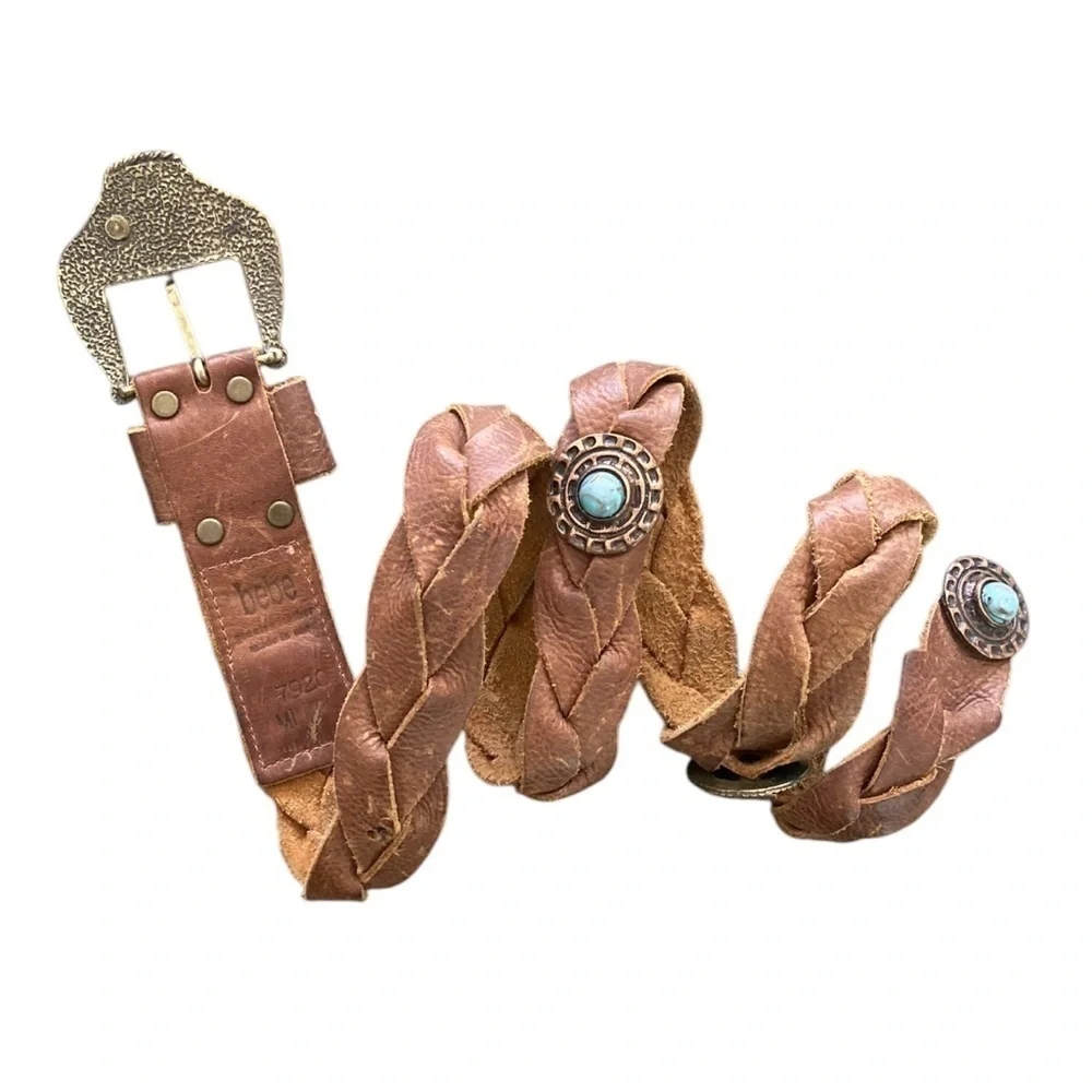 Vintage Y2K BEBE Brown Braided Leather Studded Faux Turquoise Southwest Belt M/L